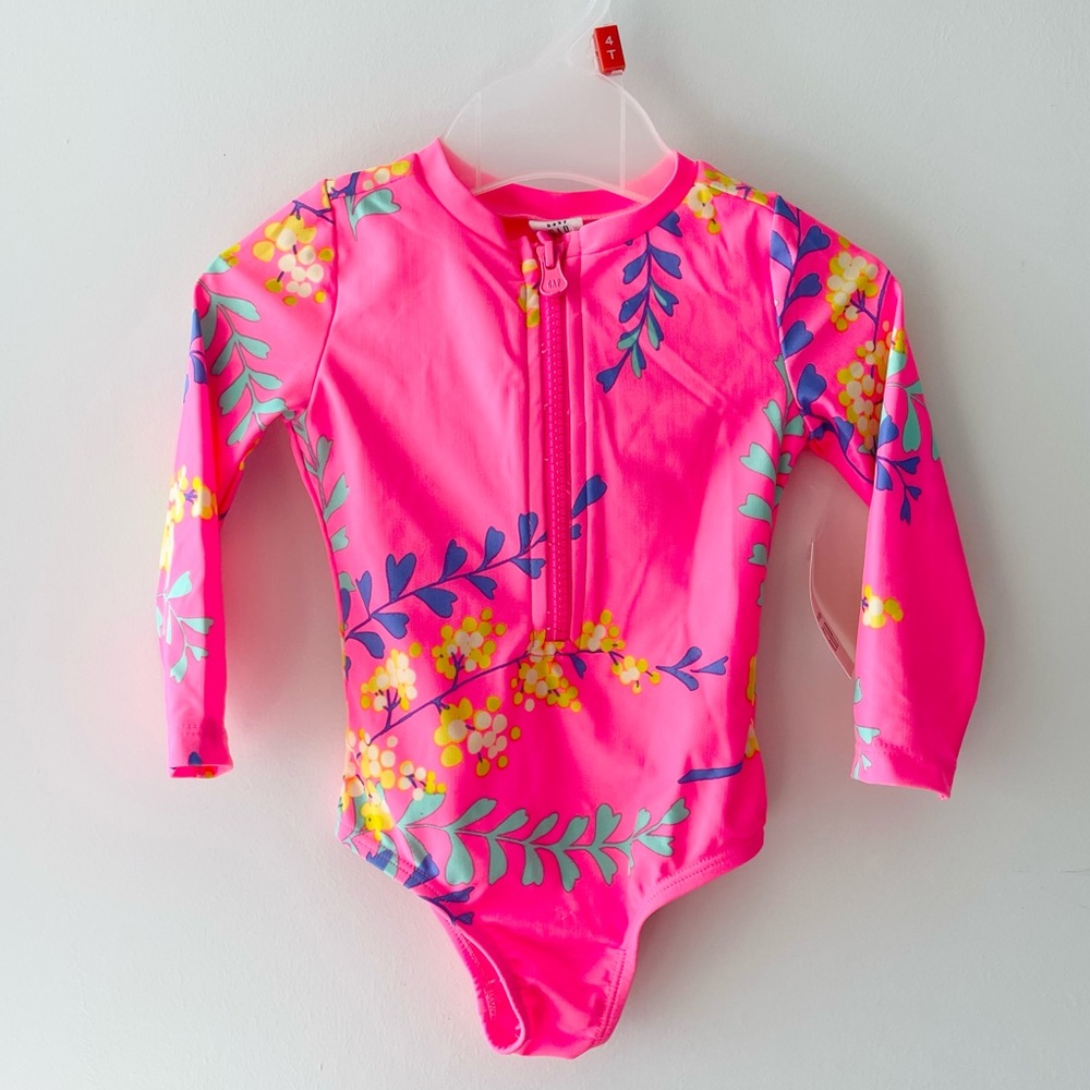 GAP Pink Floral Long-Sleeve Kids Rashguard Swimsuit